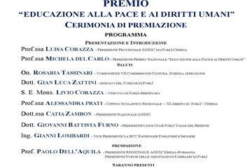 CERIMONIA PUBBLICA DI CONSEGNA DEL PREMIO AGESC FORLI'-CESENA: “EDUCAZIONE ALLA PACE E AI DIRITTI UMANI”