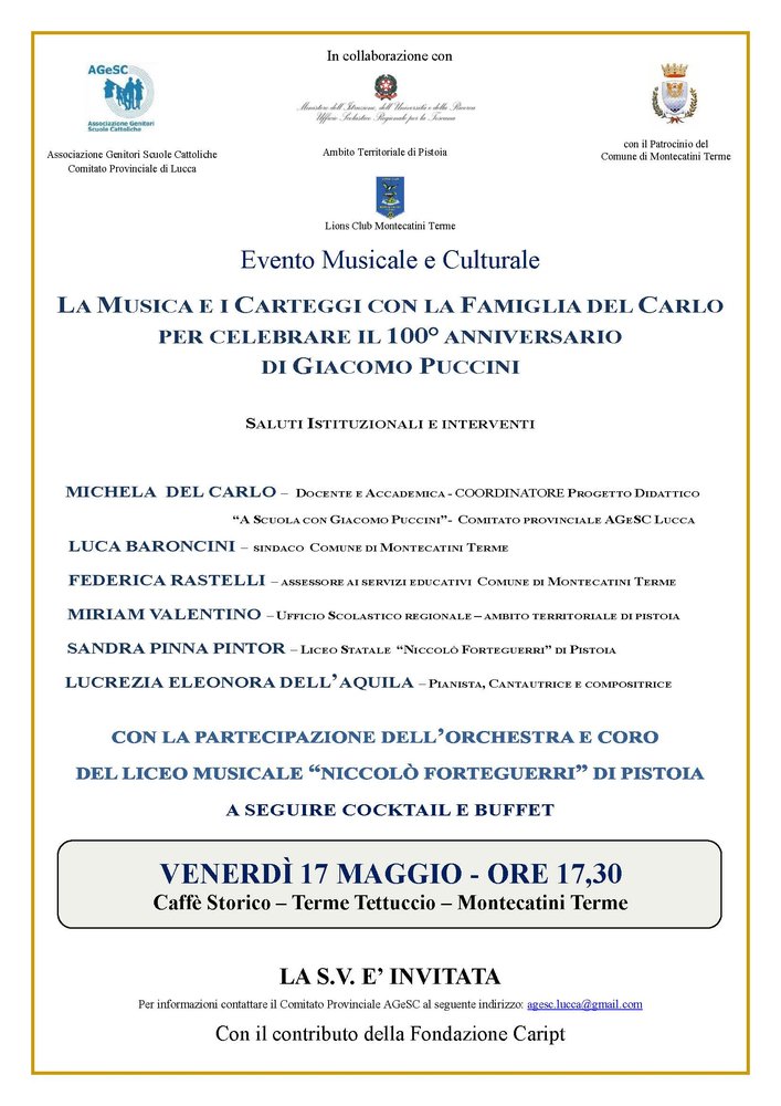 "La Musica  e i Carteggi con la Famiglia Del Carlo per celebrare il 100° Anniversario di Giacomo Puccini" 