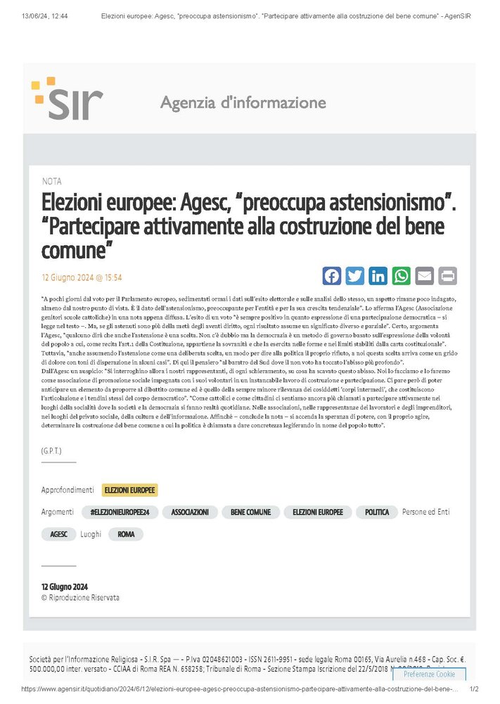 Elezioni europee: Agesc, “preoccupa astensionismo”. “Partecipare attivamente alla costruzione del bene comune”